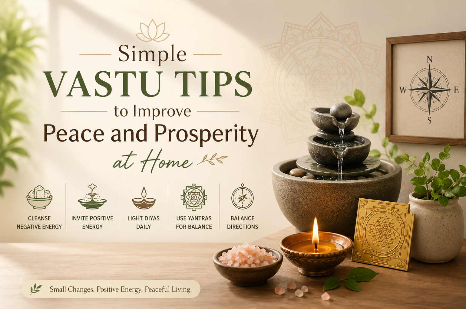 1. If you feel negatively at your home, sprinkle sea salt at home on Friday night and vacuum it Saturday morning. Place Sri Yantra in South East to bring prosperity at home 3. If you feel you don’t have enough support in life place a blue globe in north west of your house 4. Not able to think clearly? Keep a water feature in north east of your house 5. Lack of fire or ambition- lit a diya in south Simple Vastu Tips for Peace and Prosperity at Home